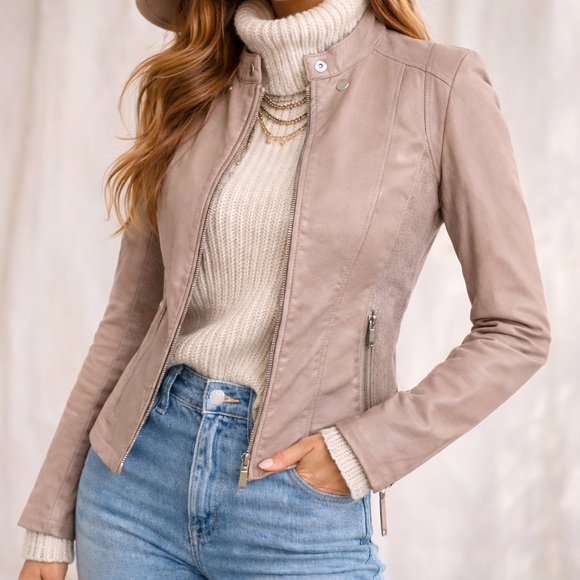 Free People Jackets & Blazers - Free People Vegan Leather Moto Jacket Taupe Women’s Small